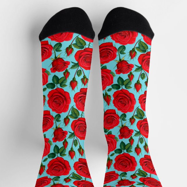 Vibrant Red Roses on a Light Blue Background Socks (Top)