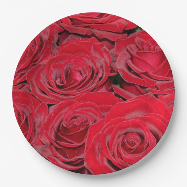 Vibrant Red Roses Paper Plate (Front)