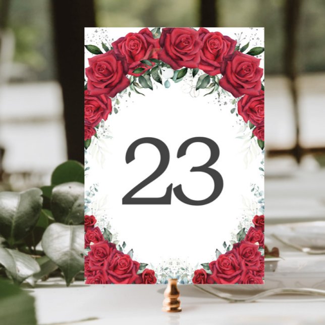 Vibrant Red Roses Silver Quinceanera Birthday  Table Number (Creator Uploaded)