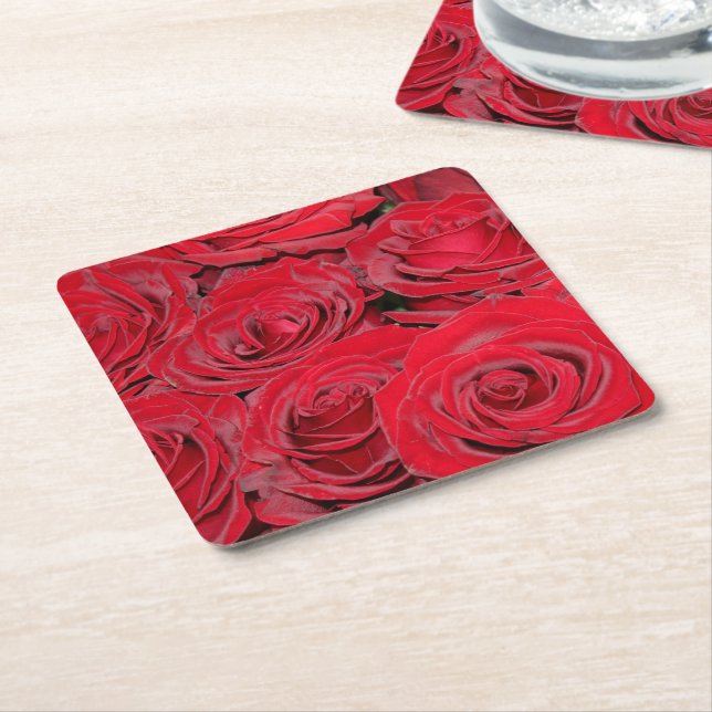 Vibrant Red Roses Square Paper Coaster (Angled)