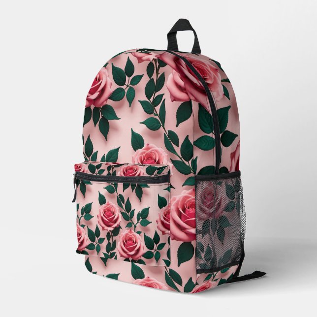 Vibrant Red Roses With Dark Green Leaves  Printed Backpack (Back Corner Right)
