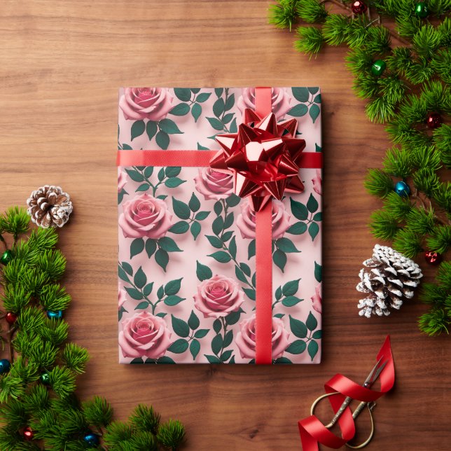 Vibrant Red Roses With Dark Green Leaves  Wrapping Paper (Holiday Gift)