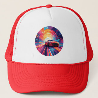 Vibrant Red Sports Car in a Dynamic Spiral Design Trucker Hat