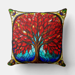 Vibrant Red Tree Stained Glass Art Cushion