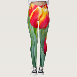 Vibrant Red & Yellow Tulips in Spring Garden Leggings