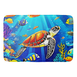 Vibrant Reef: Turtle's Underwater Realm Bath Mat