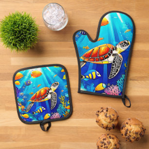 Vibrant Reef: Turtle's Underwater Realm Oven Mitt & Pot Holder Set