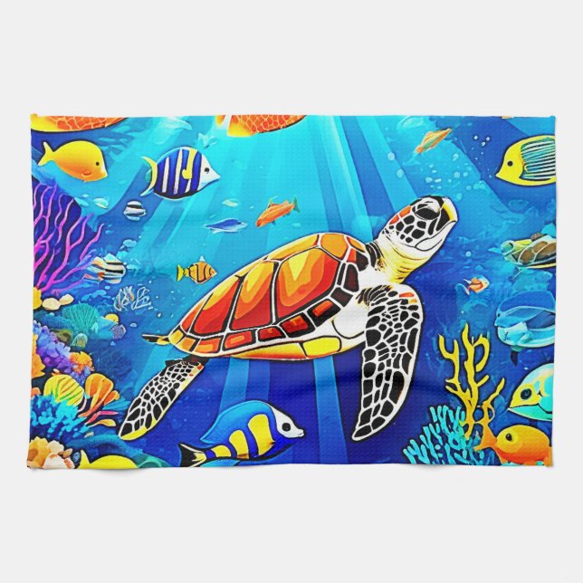 Vibrant Reef: Turtle's Underwater Realm Tea Towel (Horizontal)