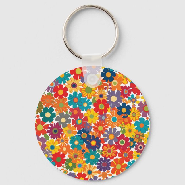 Vibrant Retro 60s Daisy Flower Power Pattern Key Ring (Front)