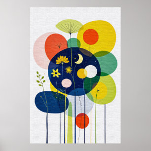 Vibrant Retro Floral Boho Chic Dark Abstract Poster