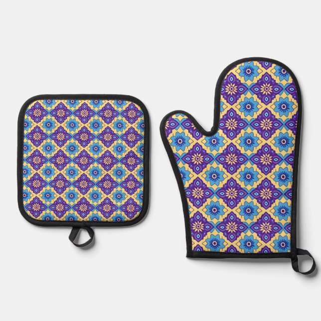 Vibrant Retro Geometric Floral Pattern Oven Mitt & Pot Holder Set (Front)