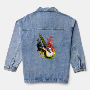 Vibrant Retro Groove: Electric Guitar Splash Denim Jacket