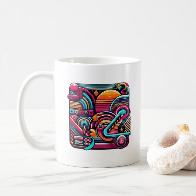  "Vibrant Retro Neon Geometric" Coffee Mug (With Donut)