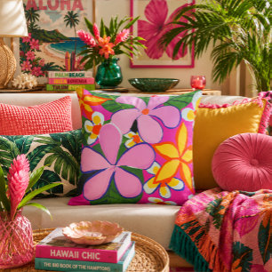 Vibrant Retro Plumeria Pop Art Pink Yellow Cushion