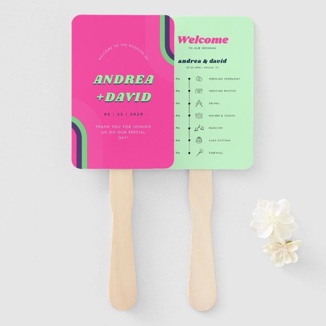 Vibrant Retro Rainbow Hot Pink 70s Wedding Program Hand Fan (Front and Back)