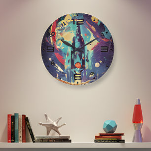 Vibrant Retro Starship Wall Clock