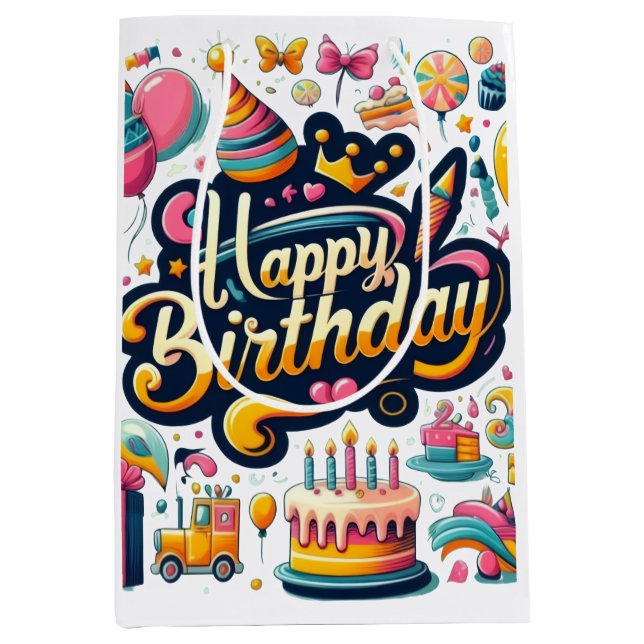 Vibrant Retro Style Happy Birthday Celebration Medium Gift Bag (Front)