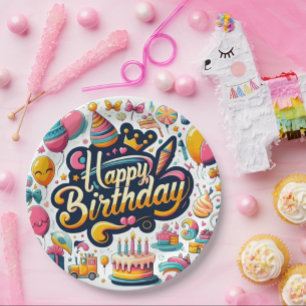 Vibrant Retro Style Happy Birthday Celebration Paper Plate