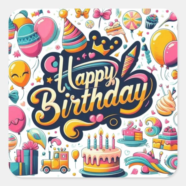Vibrant Retro Style Happy Birthday Square Sticker (Front)