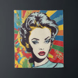 Vibrant Retro Woman Pop Portrait Art Tapestry<br><div class="desc">This eye-catching artwork is a vibrant example of modern pop art, blending retro aesthetics with bold, contemporary colour schemes. The AI-generated tapestry print features a striking portrait of a woman, reminiscent of classic 1960s pop art, set against a backdrop of energetic, multicolored rays. The intense hues and clean lines create...</div>