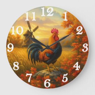 Vibrant rooster in golden harvest large clock