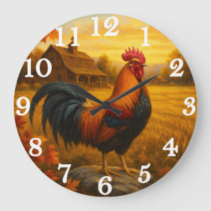 Vibrant rooster in golden pasture large clock