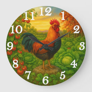 Vibrant rooster in vegetable garden large clock