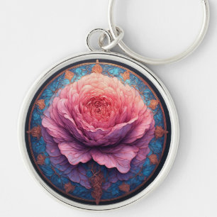Vibrant Rose in Bloom Surrounded by Ornate Details Key Ring
