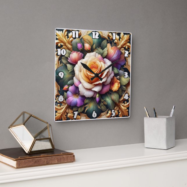 Vibrant Roses With Elegant Floral Design Square Wall Clock (Office)