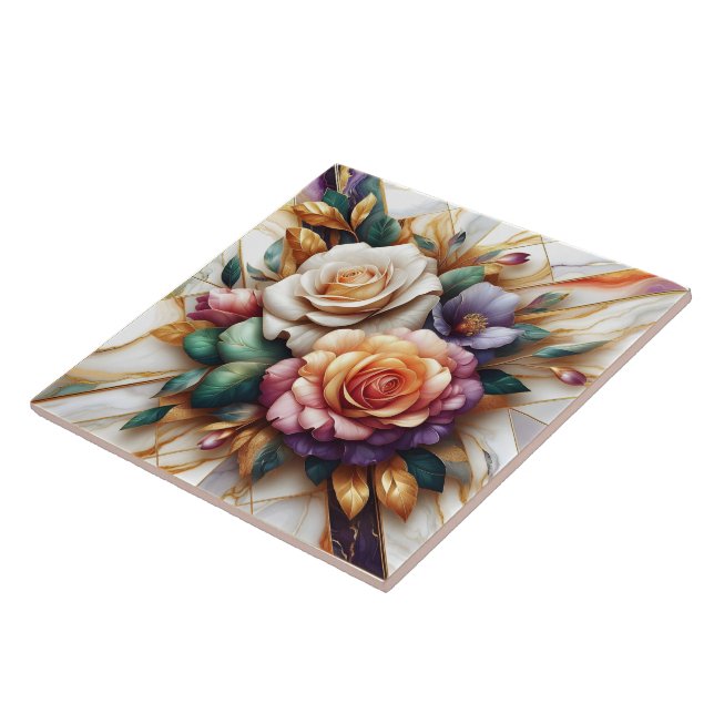 Vibrant Roses With Leaves on a Marble Background Tile (Side)