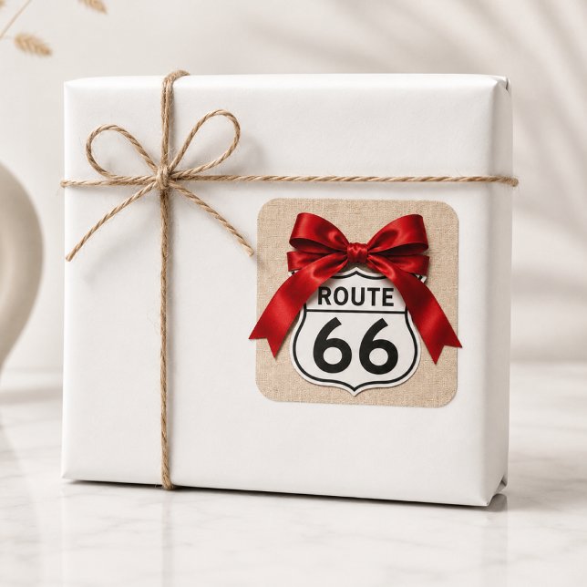 Vibrant Route 66 Centennial Red Ribbon Bow Decal Square Sticker (Creator Uploaded)