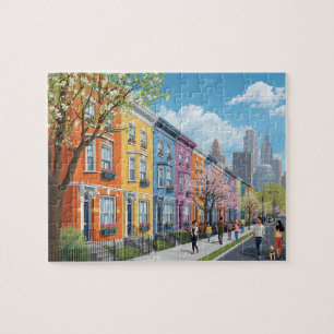 Vibrant Row Houses City Street Spring Walk Jigsaw Puzzle