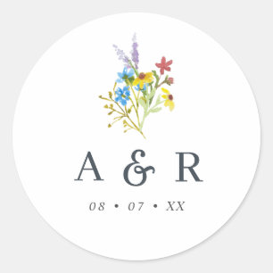 Vibrant Rustic Wildflowers Wedding Monogram Classic Round Sticker