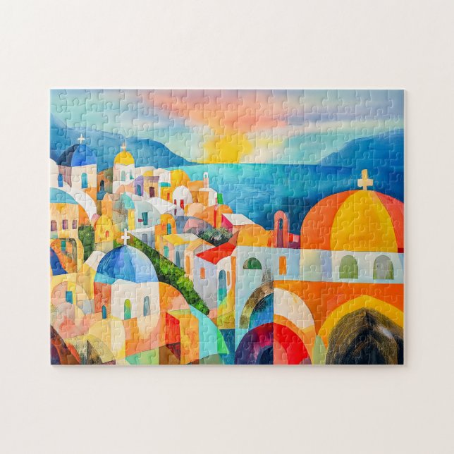 Vibrant Santorini with Colorful Domes Jigsaw Puzzle (Horizontal)