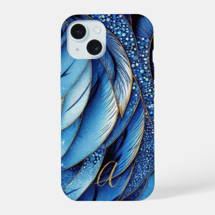 Vibrant Sapphire Blue Gold Feathers Monogrammed iPhone 15 Case