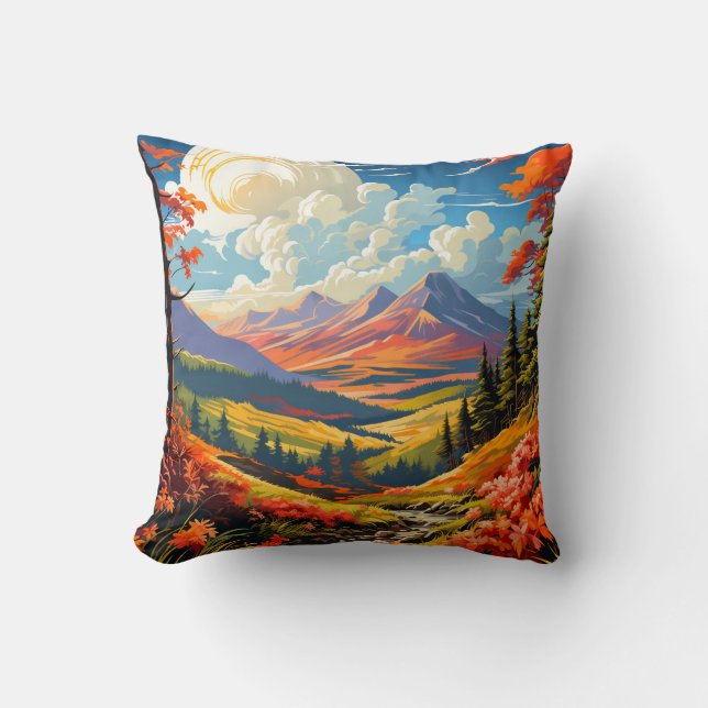 Vibrant Scenic Valley Landscape Illustration Cushion (Front)