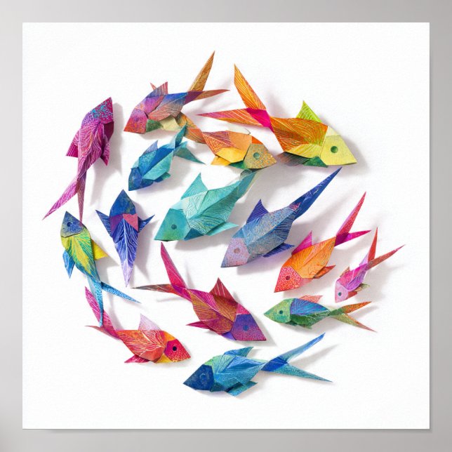 Vibrant School of Origami Fish Pattern Poster (Front)