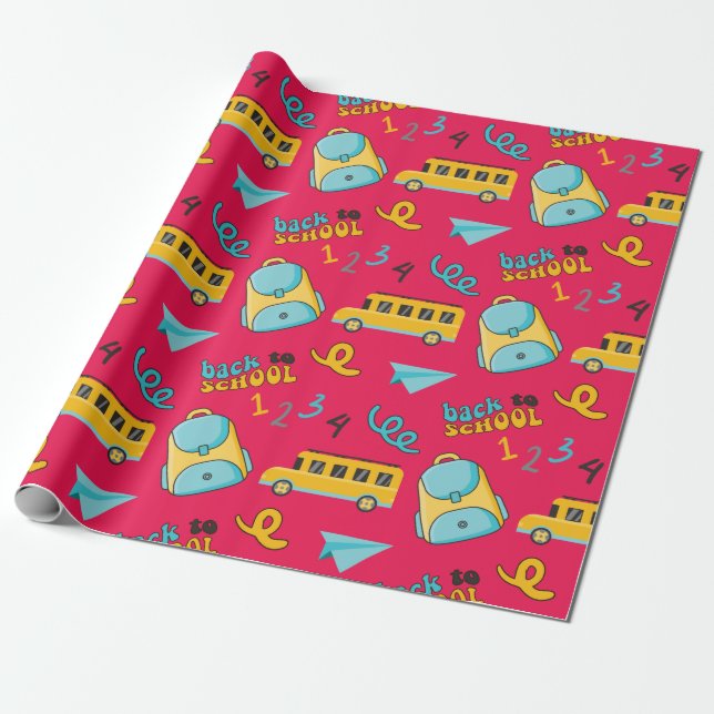 Vibrant School Seamless Wrapping Paper With Bus (Unrolled)