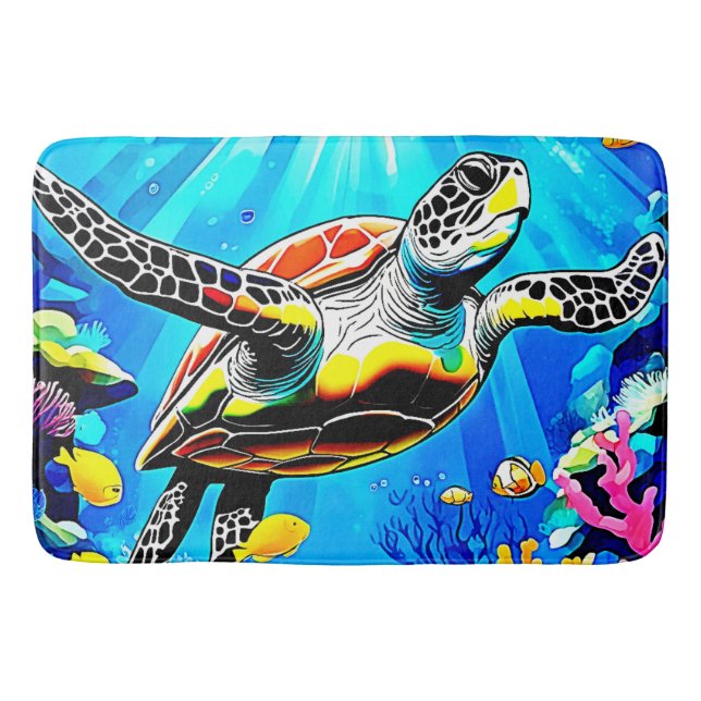 Vibrant Sea Turtle Dreamscape Bath Mat (Front)