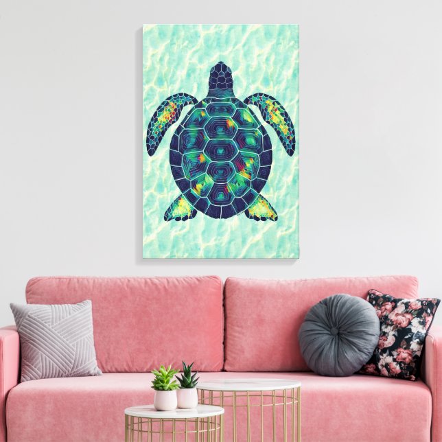 Vibrant Sea Turtle Mosaic Ocean Art Design Canvas Print (Insitu(LivingRoom))