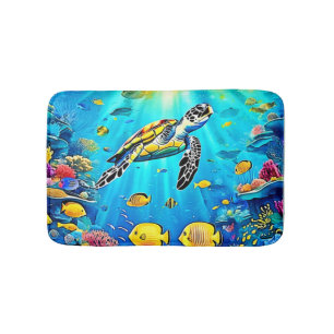 Vibrant Sea Turtle Reef Art Bath Mat