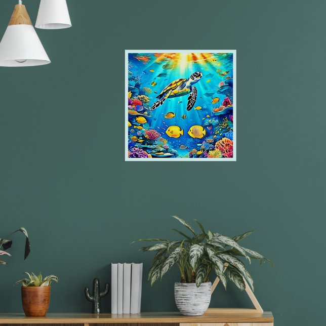 Vibrant Sea Turtle Reef Art Poster (Living Room 1)