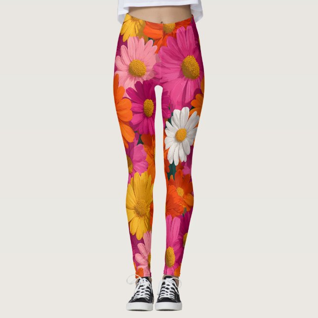 Vibrant Seamless Daisy Floral Pattern Leggings (Front)