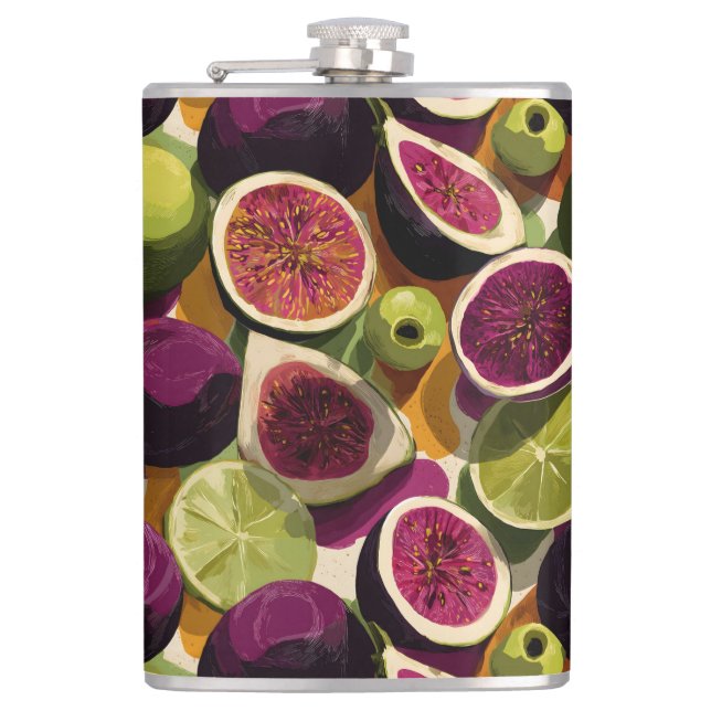 Vibrant Seamless Pattern of Sliced Figs and Limes Hip Flask (Front)