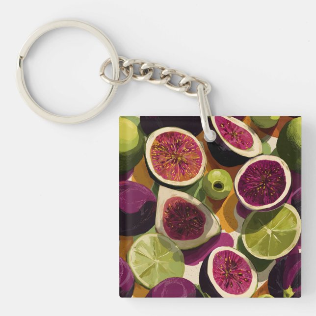 Vibrant Seamless Pattern of Sliced Figs and Limes Key Ring (Front)