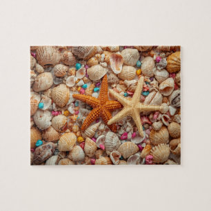 Vibrant Seashell Still Life on Teal Background Jigsaw Puzzle