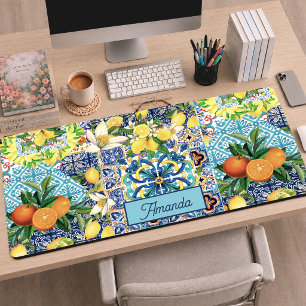 Vibrant Sicilian Blue Citrus Floral Tiles Desk Mat