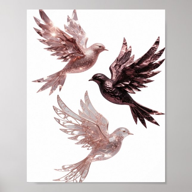 Vibrant Silver ROSE GOLD BIRDS 3D Text Art Poster (Front)