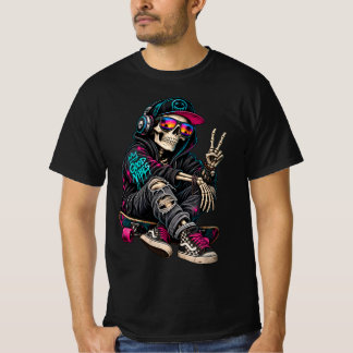 Vibrant Skateboard Skeleton with Peace Sign and Po T-Shirt