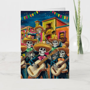 Vibrant Skeleton Mariachi Band Día de Los muertos Foil Greeting Card